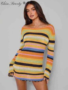 Y2K Rainbow Stripe stickad miniklänning kvinnor långärmad sexig o-hals korta klänningar kvinnliga sommar höst bohemian strandklubb mantel t220819