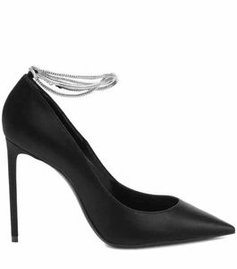 Damen-Sandale, High-Heels, Pumps aus schwarzem Kalbsleder, Luxusmarke Paris Zoe, mit Ketten verzierte Satin-Pumps, Knöchelriemen, mit Box 35–42