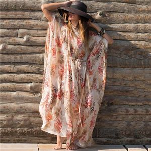 Damen-Badebekleidung, florales bedrucktes Chiffon-Strandkleid, Maxi-Bikini-Vertuschung, Robe Plage, Vestidos, Playa Pareo, Tunika, Saida de Praia, Beachw