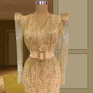 Feathers Modest Gold Sequined Prom Dresses Long Sleeves Crystals Belt Evening Dress Custom Made V Neck Tea Length Women Celebrity Party Gown