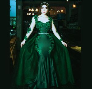 Classy Emerald Green Mermaid Prom Dresses With Detachable Skirt Long Sleeve Lace Formal Evening Gowns Elegant Arabic Dubai Women Pageant Special Occasion Wear