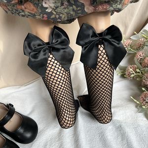 Ver￣o beb￪ meias renda de arco grande garotas meninas joelhos meias longas meias macias de pesca malha de pesca malha menina menina princesa Socken