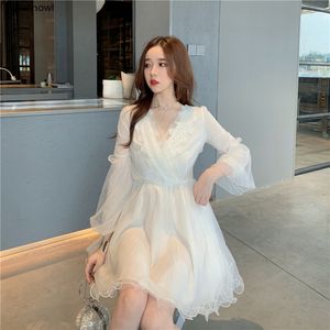 Casual Dresses Sweet Style White Dress Fashion Brand Women s Clothing Mesh V hals Floral Summer Lace Up Vestidos de Fiesta Modisual