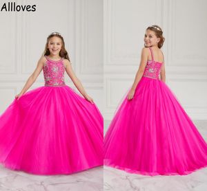 Fuchsia Crystals Beading Little Girl's Pageant Dresses Halter Princess Tulle Ball Gown for Children Barn Flower Girl Formal Birthday Communion Formell klänning CL0924