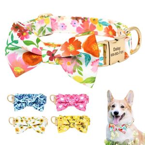 Hundehalsbänder, Leinen, personalisiertes Halsband, bedrucktes Mädchen mit Blumenfliege, kostenlose Gravur mit Namensschild, Halskette für kleine, mittelgroße Hunde