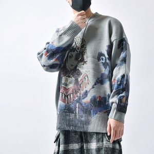 Men s Sweaters Hip Hop Sweater Men Autumn Couple Knitted Jumper Anime Beijing Opera Printed Vintage Pullovers Harajuku Grey SweaterMen s