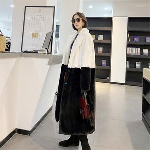 여자 모피 가짜 코트 여성 2022 겨울 패션 느슨한 길고 두꺼운 따뜻함 모방 밍크 핑크 블루 스티칭 플러스 사이즈 재킷
