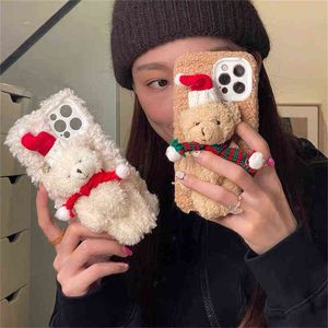 Ins Leuke Fluffy Santa d Teddy Bear Plush Christmas Case voor iPhone Pro XS Max X XR Plus SE3 Shockproof Soft Cover T220819