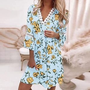 Casual Dresses Lace Trim V Neck Floral Dot Printing For Women 2022 Wedding Guest Three Quarter Swees Swing Dress Bohemian Mini Dress Casual