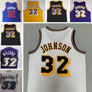 Retro Mens 32 Karl Malone Basketball Jersey White 32 Johnson Yellow Black Stitched Men Jerseys Uniformes