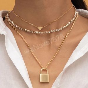 Boho Peach Heart Ched Lock Lockle Collece Women Wintage Gold Color Metal Shiny Crystal Chain Ожерелья для девушек модные украшения
