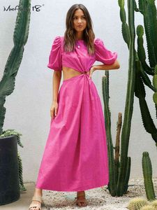 Mnealways18 Holiday Hollow Out Long Dress Pink Puff Riceves платья без спинки летние платья A-Line Женщина 2022 Круглая шея Midi Lady T220819