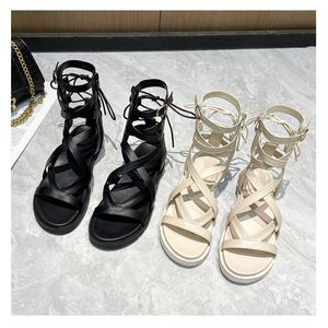 Sandals Summer Women's Thick Heels Strappy Flat High-top Roman Shoes Beach Hollow Zapatillas MujerSandals