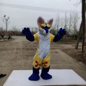 Sarı Husky Fox Maskot Orta uzunlukta kürk All-One Costume Yürüyüş Cadılar Bayramı Sahnesi Takım Rol Yapma Kostümleri