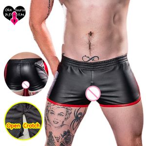 Erkek şort adam açık kasık deri seksi eşcinsel kasıksız mini pantolon sahte pu açık seks sporu koşu külot bdsm fitness plaj mayoları