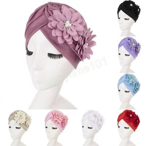 Flowers Beaded Beanie Hats Fashion Muslim Womens Elastic Turban Cap Party Headwear African Femme Pleated Bandanas Headgear