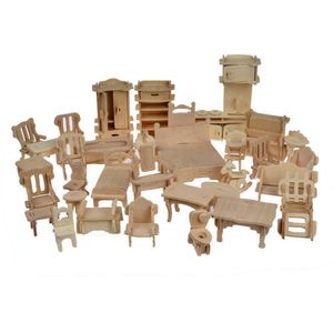 Houten poppenhuis poppenhuis meubels jigsaw puzzel schaal miniatuur modellen diy accessoires fabriek hele 34 pcs254m