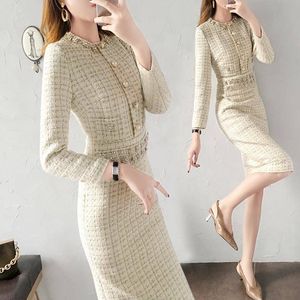 Womens long sleeve dress o-neck beading rhinestone patched tweed woolen high waist pencil vestidos SMLXLXXL