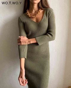 WOTWOY V-Neck Wrapped Knitted Dress Women Autumn Solid Sheath Sweater Dresses Women Knee-Length Bodycon Long Sweater Female New T220819