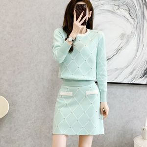 Women's long sleeve two piece dress o-neck mint green color rhinestone patched sweater and short skirt twinset
