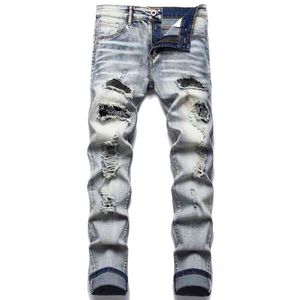 New design stitching hole sticking cloth drill men s small straight tube elastic motorcycle jeans
