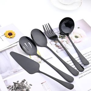 Dinnerware Sets Drmfiy 5Pcs Black Cutlery Serving Utensils Set Buffet Catering Flatware Colander Spoons Fork Silverware SetDinnerware