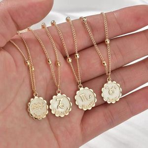 12 Constellation Necklace Classic 18k Gold Zodiac Sign Round Pendant Beads Chain Necklace Jewelry 6 styles