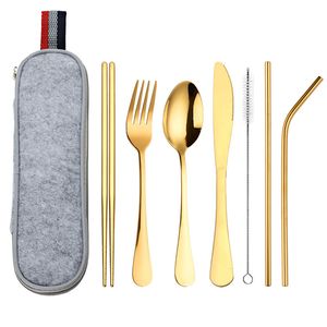 Set di cucchiai portatili Set di posate da viaggio riutilizzabili con custodia Posate in acciaio inossidabile per il campeggio, incluso coltello da tavola, forchetta, cucchiaio, bacchette, Boba, paglia 1222916