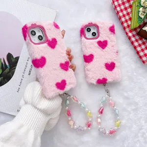 Bracelete de coração colorido Love Heart Rabbit Fur Phone Caso para iPhone 14 13 12 11 xr xs max 6 7 8 Plus iPhone14 Cute