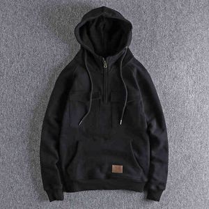 İş kıyafetleri hoodies erkekler peluş kalınlaşmış sonbahar kış düz renkli yarı açık yaka 1076