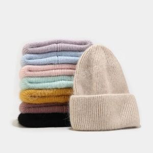 Unisex fast färg verklig kanin päls beanie bonnet vinter hattar för kvinnor mode varm stickad hatt ull skallies mössor