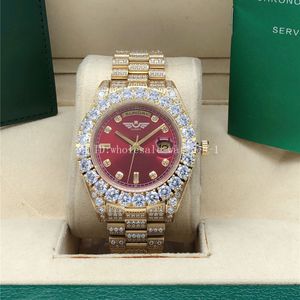 Orologio President con quadrante rosso pieno di diamanti 128238 Sapphire Big Diamond Bezel 43mm orologi da polso meccanici automatici da uomo in oro con scatola originale