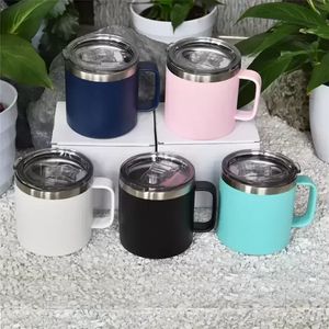 Kaffemuggar med handtag lock rostfritt stål rese tumbler 14oz dubbel väggpulverbelagd kopp vakuumisolerad camping mugg container vatten flaska i bulk