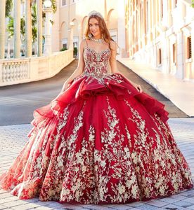 Dark Red Luxury Quinceanera Dresses 2022 Spaghetti Prom Dress Gold Lace Appliqued Bling Glitter Girls Pageant Gowns Corset Sweet 16 Ball Gown Vestido 15 Anos