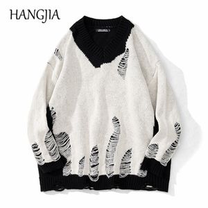 Black White Patchwork Pullovers Sweaters Washed Destroyed Ripped Sweater Men Harajuku Hole Knit Jumpers for Women Oversized 220822