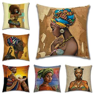 African Girl Lady Oil Painting Decorative Cushion Black Women Home Art Decoration Sofa Throw Pillow Case Linen Cushion Cover 220816