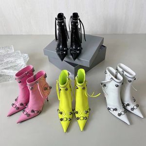 pointed Toe stiletto heel Boots stud buckle embellished Lamb leather heeled Ankle boots side zip shoes Run way luxury designers shoe women factory footwear