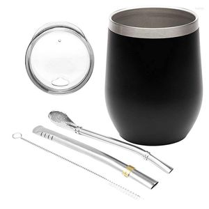 Muggar Yerba Mate Gourd Tea Cup Set 12oz dubbelvägg rostfritt kaffevatten med lock 2 Bombillas Straws Spoonbrushmugs