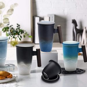 Tomotime Keramik-Teetasse mit Teesieb und Deckel, Holzgriff, 400 ml, Heimbüro, Filterbecher, Retro-geschnitzte Tasse