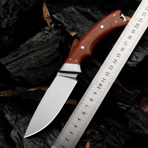 1Pcs H8222 Outdoor Survival Straight Hunting Knife D2 Satin Drop Point Blade Full Tang Rosewood Handle Fixed Blade Knives with Leather Sheath