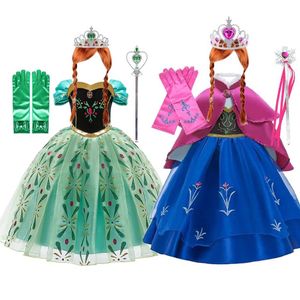 Prinses Anna Dress For Girls Snow Queen Cosplay Jurken Wig Kids Kerst verjaardagsfeestje Kostuum Baby Girl Cleren Accessoire T332c
