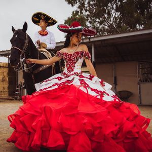 Charro Mexican Style Floral Quinceanera Dresses White And Red Ruffles Tiers Long Prom Pagenat Ball Gown Sweet 15 Dress Off Shoulder Crystals Beaded Masquerade 2022