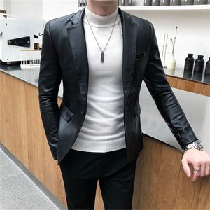 Autumn Faux Pu Leather Suit Jacket Men Korean Trendy Slim Fit Fit Red Black Fashion Streetwear Blazer Coat Male 220822