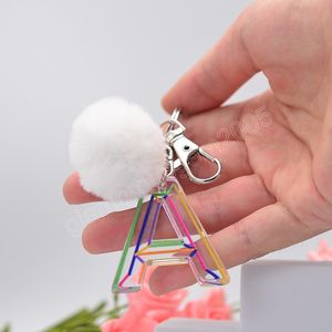 Initial Letter Keychains For Women Resin Pompom Pendant Key Chains Rings Cute Car Keyring Holder Charm Bag Jewelry Gifts