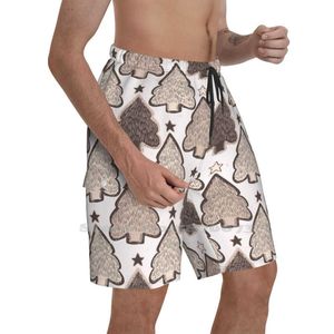 Men's Shorts Winter Rustic Christmas Tree Lino Cut Texture Men'S Summer Short Pants Beach Gingerbread Wood SeamlessMen's