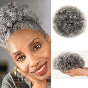 Short Ombre Grey Afro Puff Drawstring Ponytail salt and pepper two tone mixed human hair pony tail bun chignon for black women 100g 120g