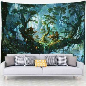 Psychedelic Castle Tree Tapestry Fairy Tale Landscape Wall Hanging Bohemian Aesthetic Living Room Decor J220804