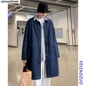 Men's Trench Coats Casual Men Long Denim Jacket Single Breasted Pockets Windbreaker Mens Loose Plus Size Blue Coat Autumn Fashion 2022Men's