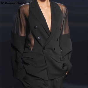 Мужские пиджаки сетчатая пэчворка См. Сквозь уличная одежда с двойной грудью с длинной рукавом с длинной рукавом модные повседневные костюмы инсун 220822