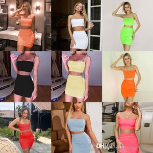 Summer Women Two Piece Dress Set Casual Dresses Sexy Suspender Crop Top And Pleated Hip Wrap Skirt Outfits